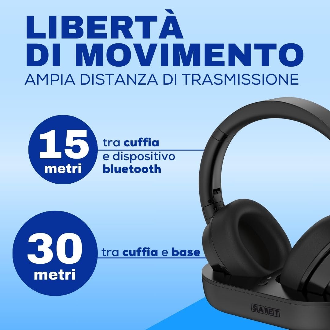 SAIET Cuffie Bluetooth con Amplificazione Audio per TV, Musica e PC | Cuffie Crystal Sound a Bassa Latenza, Fino a 45 Ore di Autonomia con Base di Ricarica, Facili da Usare, Design Ergonomico