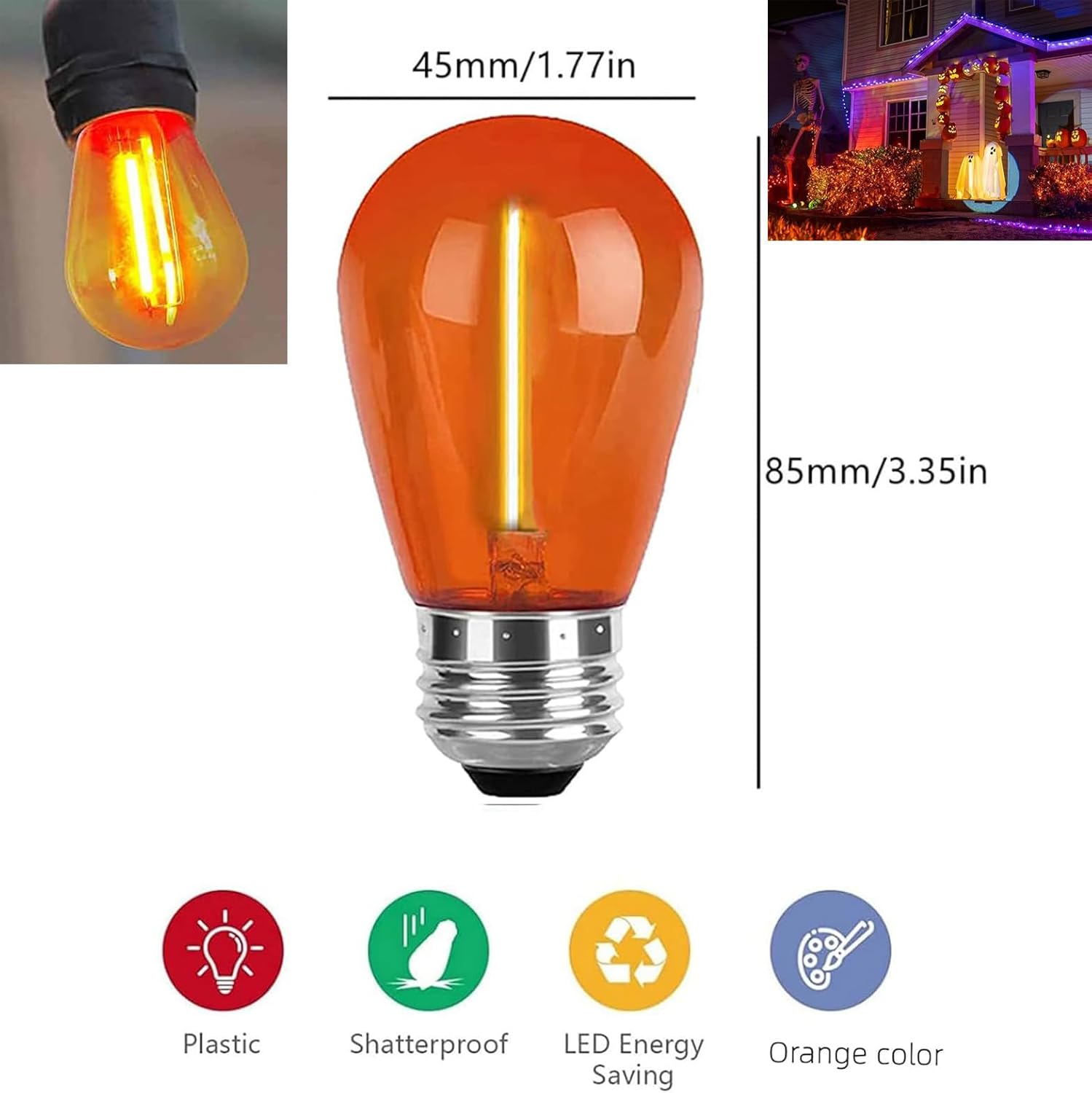 15 Pack S14 LED Bulbs Orange and Purple S14 Light Bulbs LED Replacement Bulb 1W S14 String Light Edison Bulb E26 Plastic Shatterproof LED Decorative Bulb for Outdoor Home Patio Halloween Decor