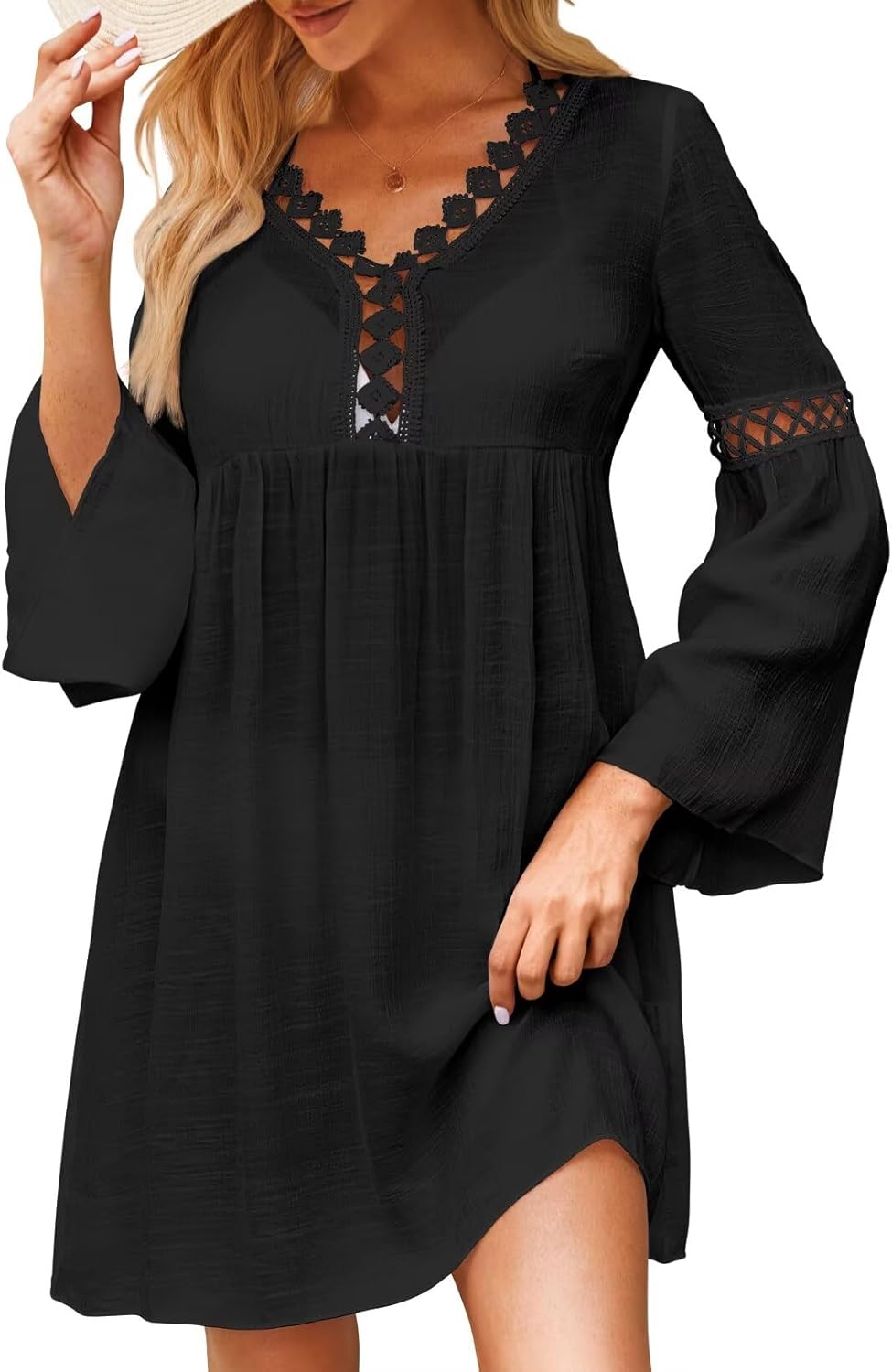 Swimsuit Coverup for Women Long Bell Sleeve Contrast Lace Bathing Suit Cover Up for Swimwear Bikini V Neck Loose