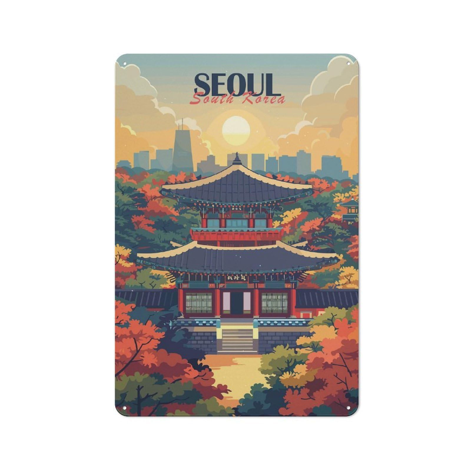 Metal Wall Art Sign with Seoul Cityscape with Temple Design 30x20cm, Modern Retro Urban Room Decor for Workspace, Cafe, Hallway Or Garage