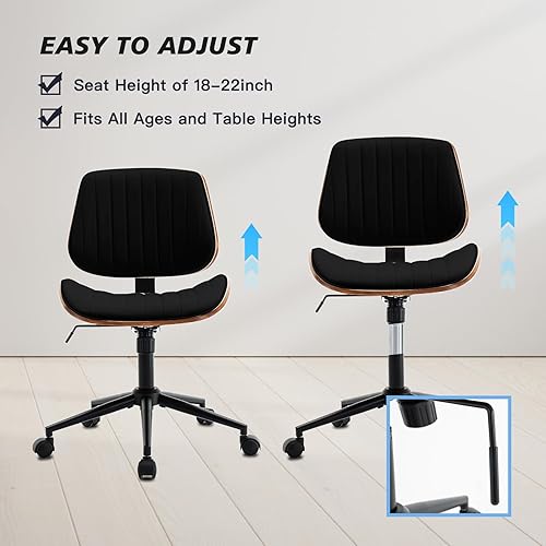 Miniatura 6 de Silla de escritorio sin brazos con ruedas giratorias de 360°, silla de computadora ergonómica de altura ajustable para oficina en casa, piel Negro