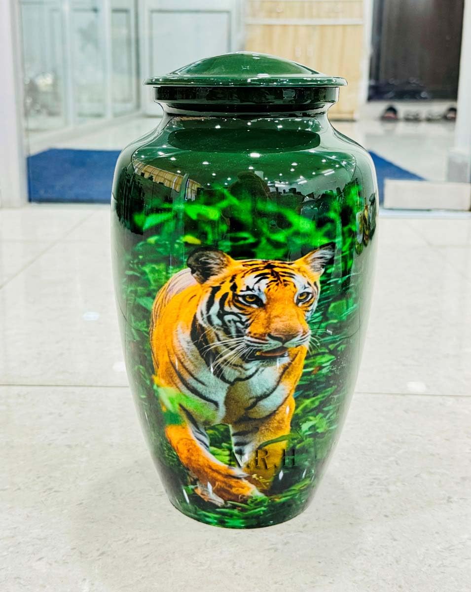 Nautical Replica Hub Green Tiger Urn with Lid, Decorative Wildlife Ashes Urn Jar, Jungle Theme Glossy Finish - Image 4