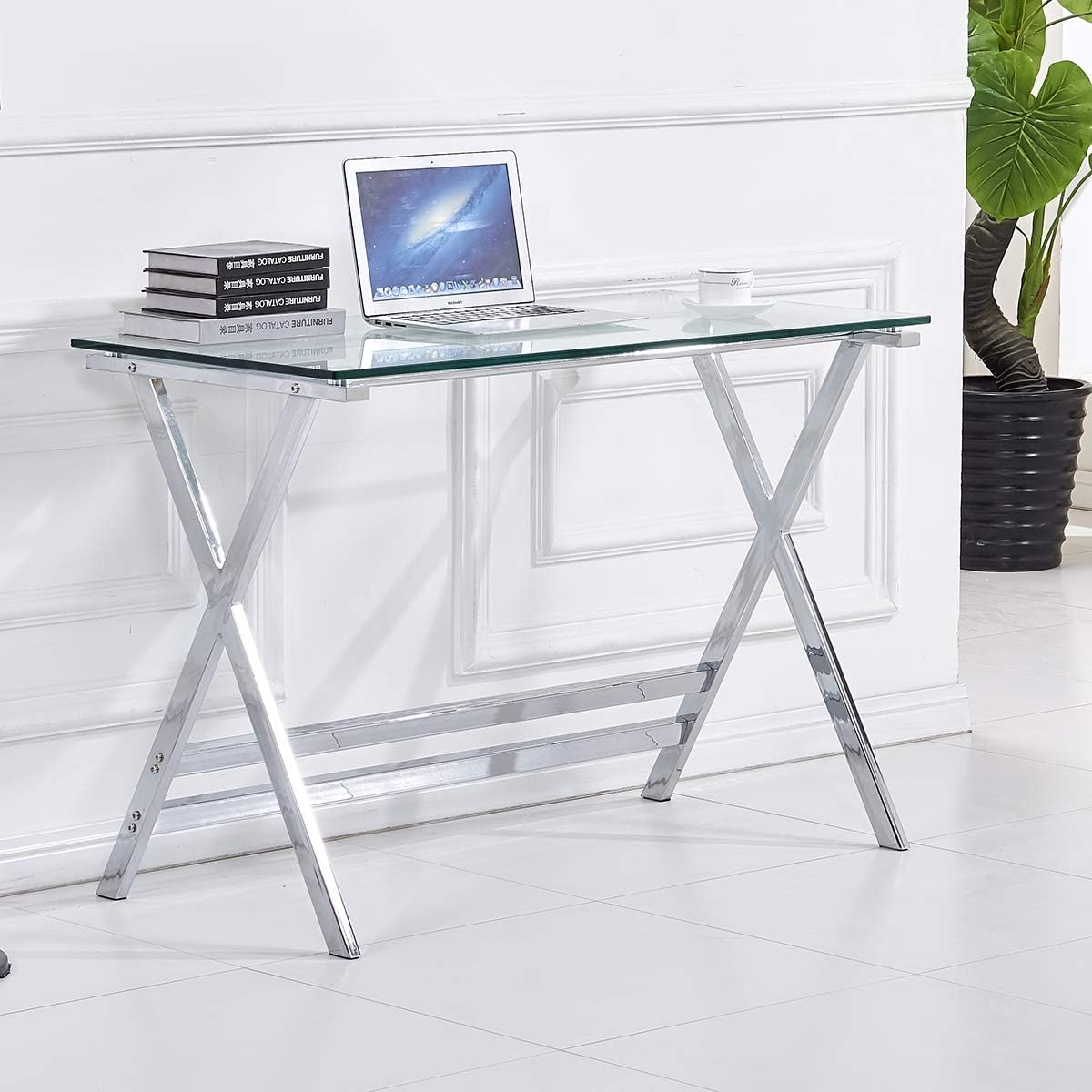 Amazon Com Realspace Axley 55 W Glass Computer Desk Cherry Silver Office Products