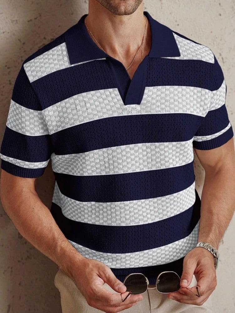 MORISTE Camicia Uomo a Righe Contrastanti Lavorata a Maglia, Colletto rivoltato Manica Corta Casual Top