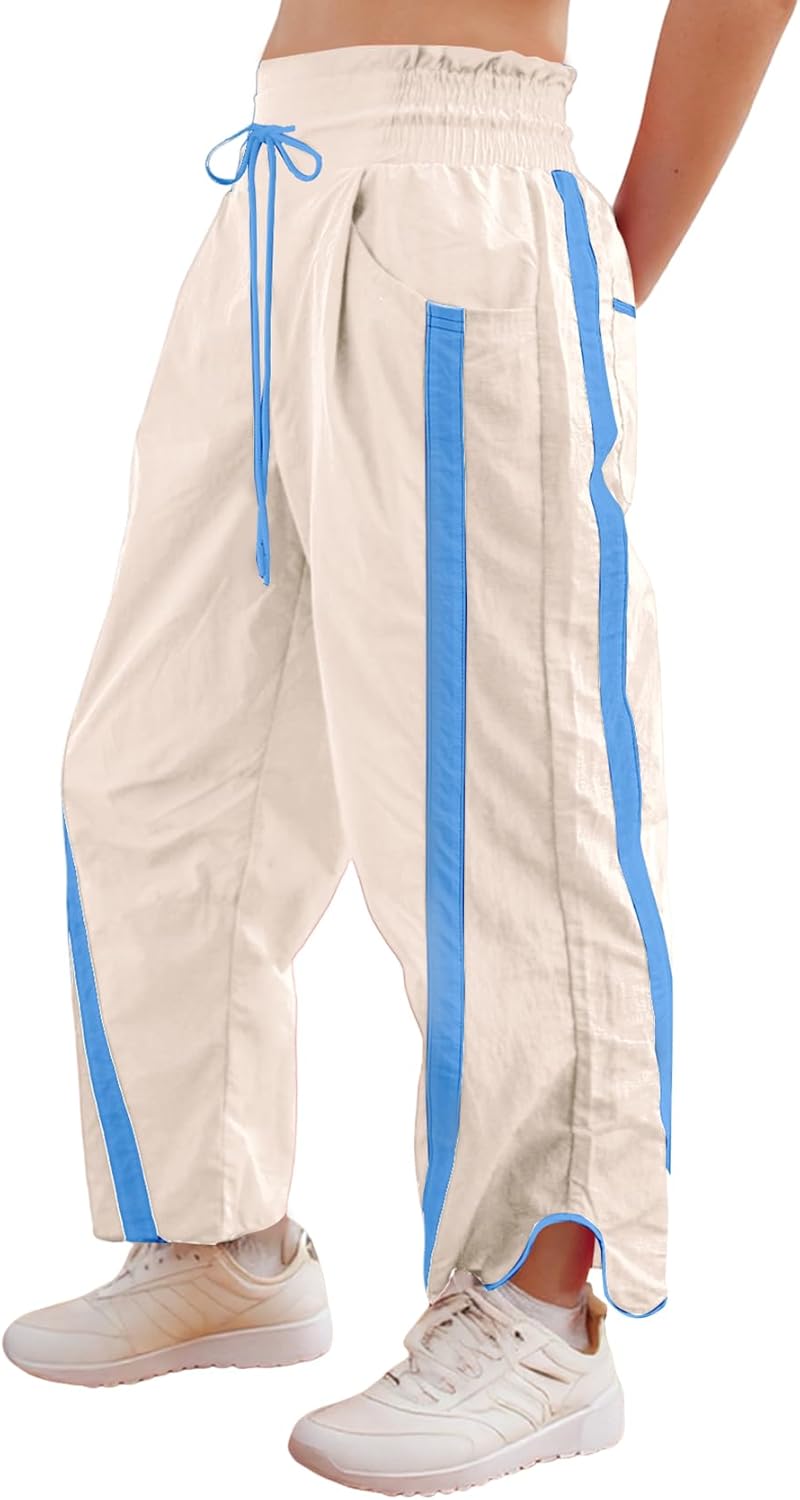 Wyeysyt Womens Wide Leg Pants Baggy Sweatpants Casual Drawstring Elastic Waist Contrast Color Y2K Track Pants