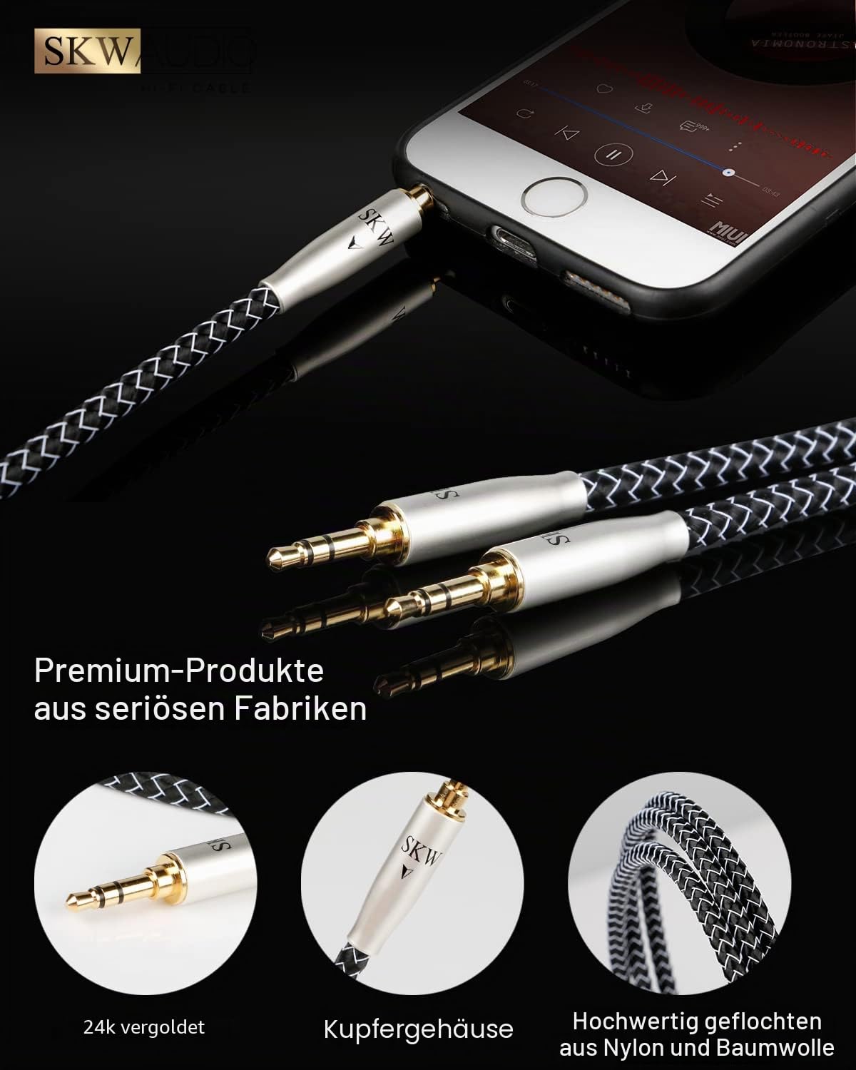 SKW High-end Aux Kabel für das Auto (Hi-Fi-Sound), Kupfer und Silberlitzendrähte 3,5mm Klinkenkabel/Kopfhörerkabel für Kopfhörer, Auto, Handy, PC, Lautsprecher, Stereoanlagen, MP3-Player usw -5M