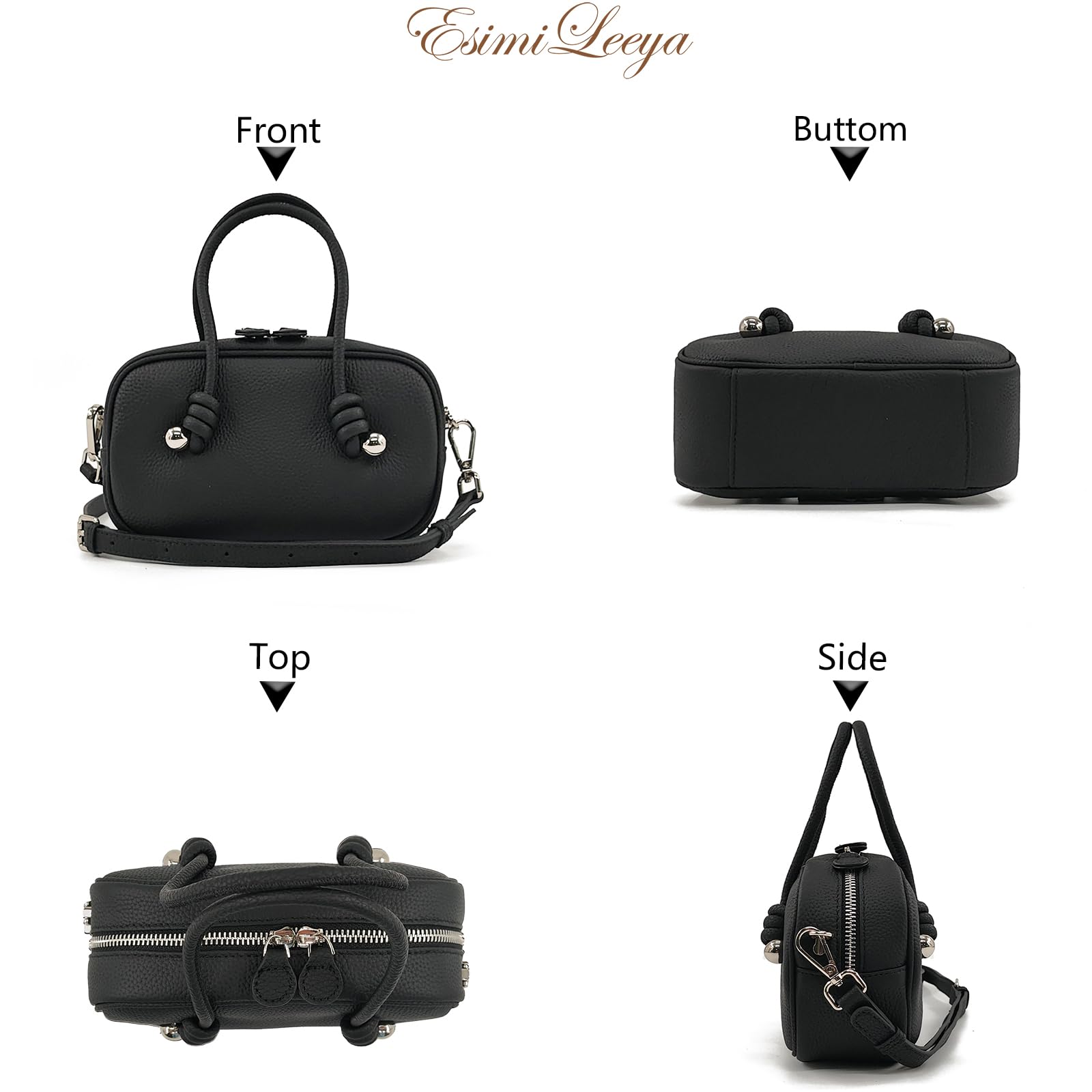 Esimileeya Black Mini Genuine Leather Purses for Women Trendy with Top Handle Pure Color Casual Shoulder Handbags Womens Crossbody Purse Small Leather Crossbody Bags for Women