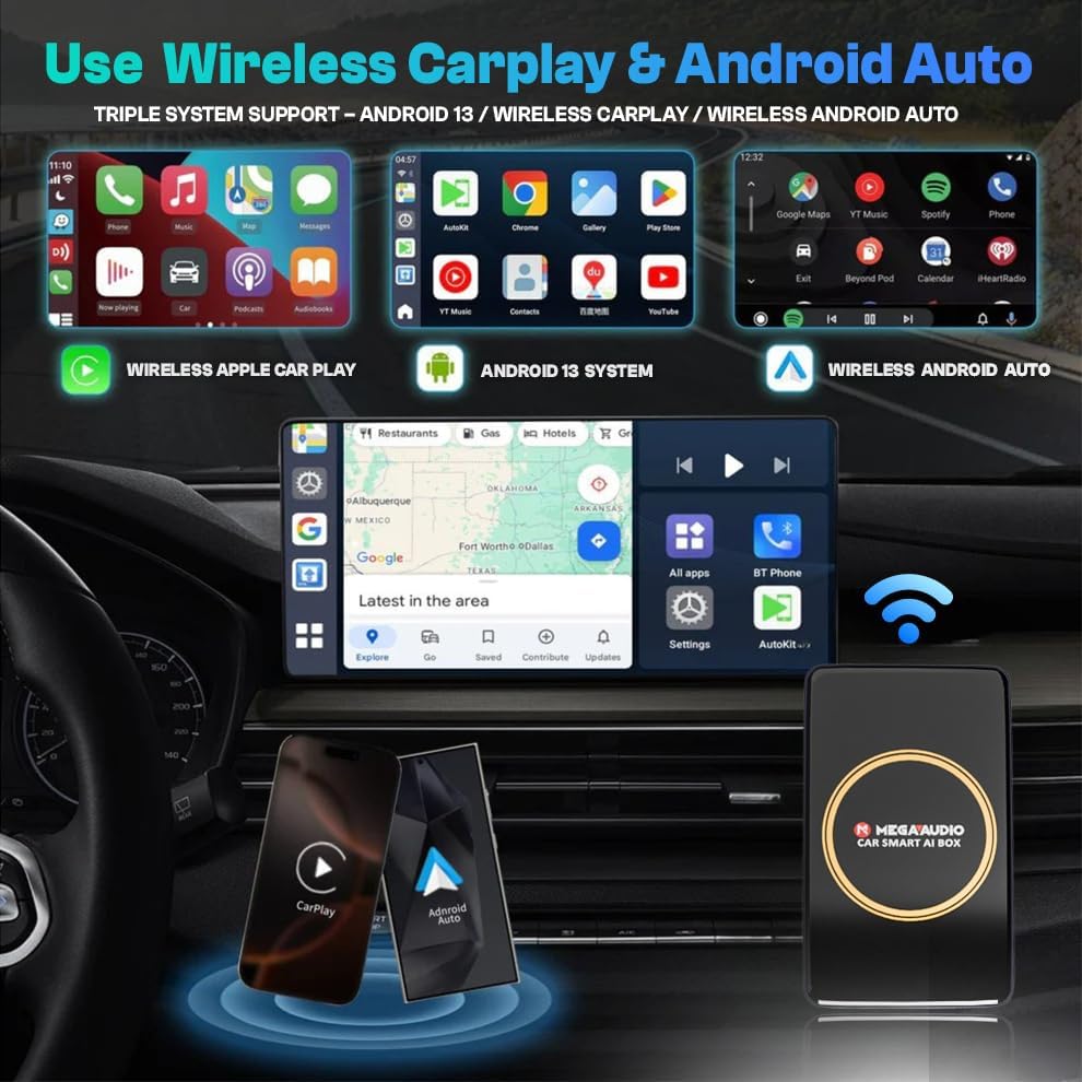 Image of MEGAAUDIO Androx MP08 2-in-1 Wireless CarPlay & Android Auto Adapter | Car Smart AI Box Converts Wired to Wireless | 4K HDMI | Dual Bluetooth | Stream OTT Video Apps on Car Screen