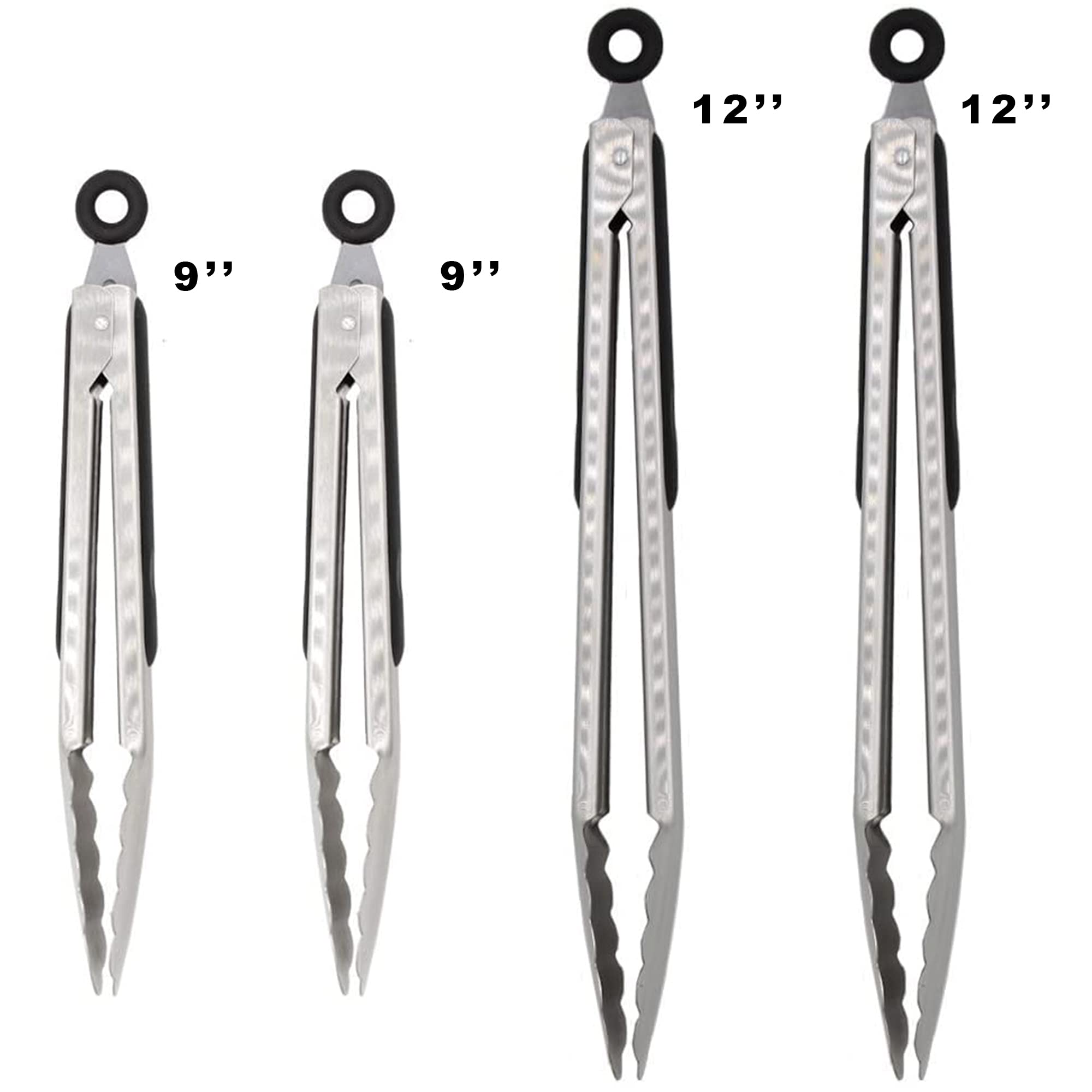Juego de 4 pinzas de cocina de acero inoxidable 304, 23 y 30,5 cm, resistentes pinzas para asar con agarre ergonómico, color negro