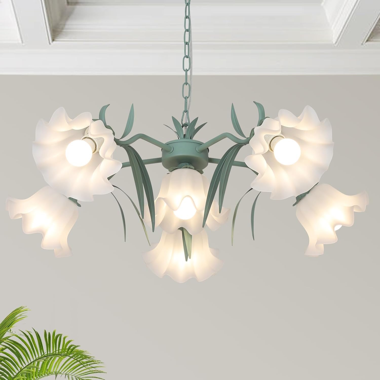 RuiRfh Flower Chandeliers for Dining Room 6-Light Green Floral Dining Room Light Fixture with Acrylic Shades Large Modern Sputnik Ceiling Light Fixture for Living Room Bedroom Girls Room pendant Lamp(