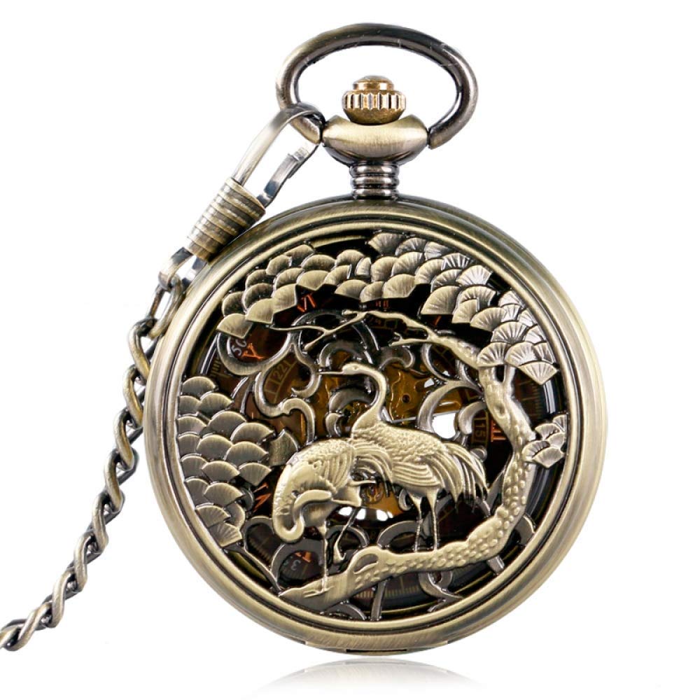 LZQBD ZENGQIANGJING Carving Pocket Watch Bronze Women Mechanical Men Retro Chain Hand-winding Necklace Roman Numerals