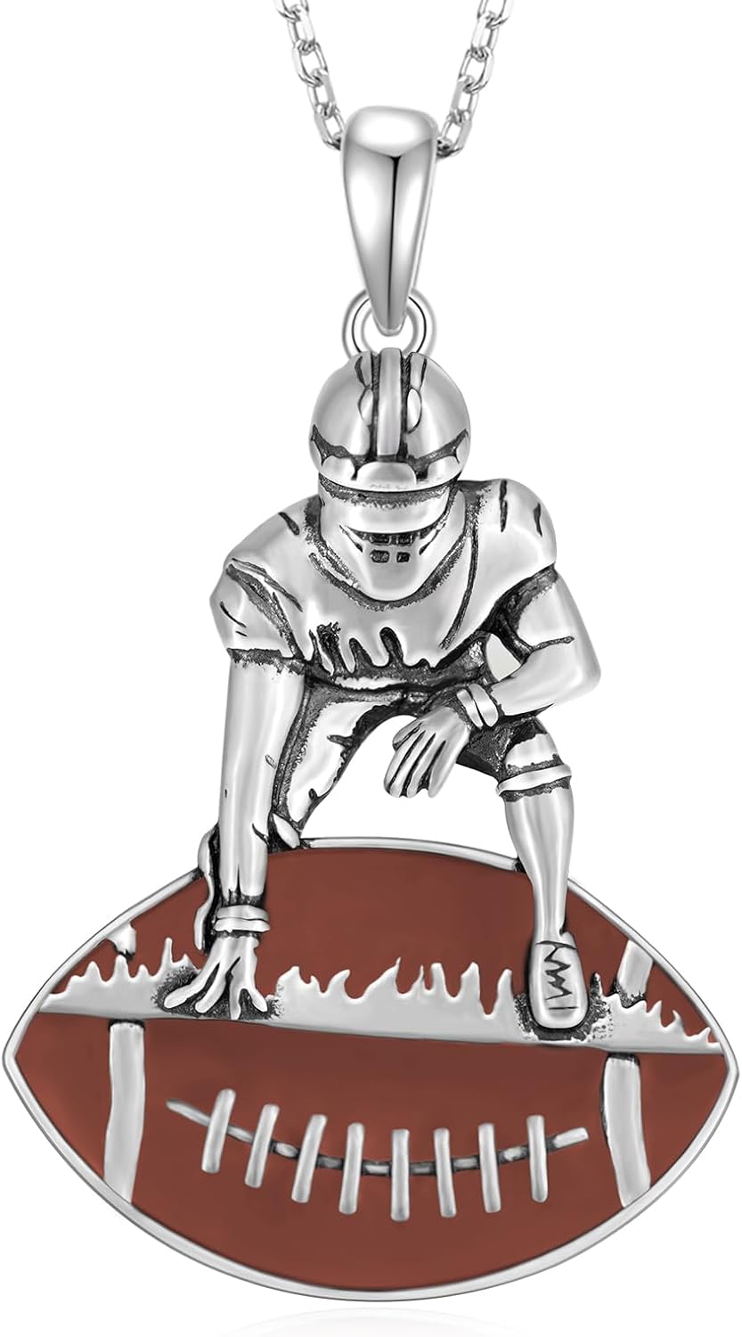 Football Necklace 925 Sterling Silver Football Player Pendant Necklace Sport Jewelry Birthday Gifts for Women Men
