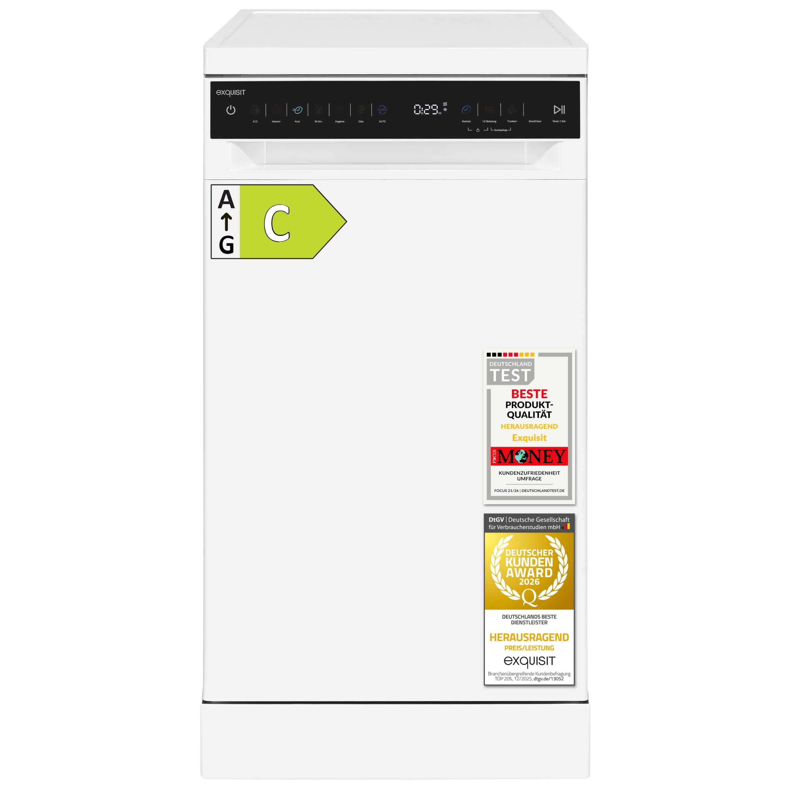 Exquisit Geschirrspüler 11 Maßgedecke | Energieklasse C | 7 Programme | Eco, Intensiv & Glas | Aquastop | Besteckschublade | Extra-Trocknung | Startzeitvorwahl 24 h | Unterbaufähig | Weiß