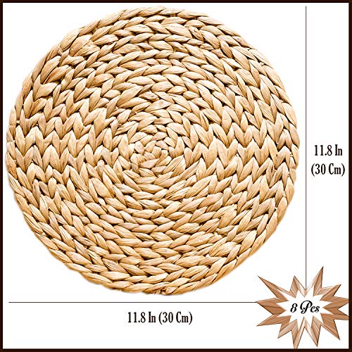 Image of Woven Placemats Set of 8, Table Mats Set of 8, Water Hyacinth Round Placemats for Round Table, Chargers for Dinner Plates, Wicker Chargers for Dinner Plates, Woven Placemat, Place Mats 11.8 in