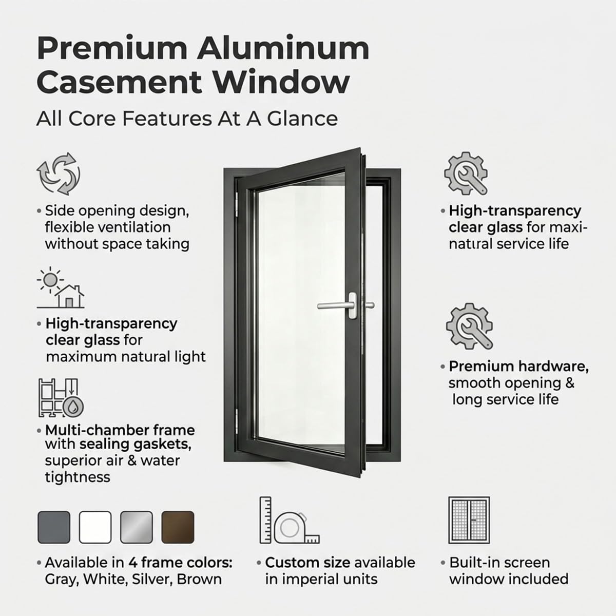 Ventana Abatible de Aluminio para Sótano, Cristal Resistente para Repuesto de Ventana Cobertizo, Buena Ventilación para Dormitorio, Baño y Cocina(R-OP Gray,18x12")