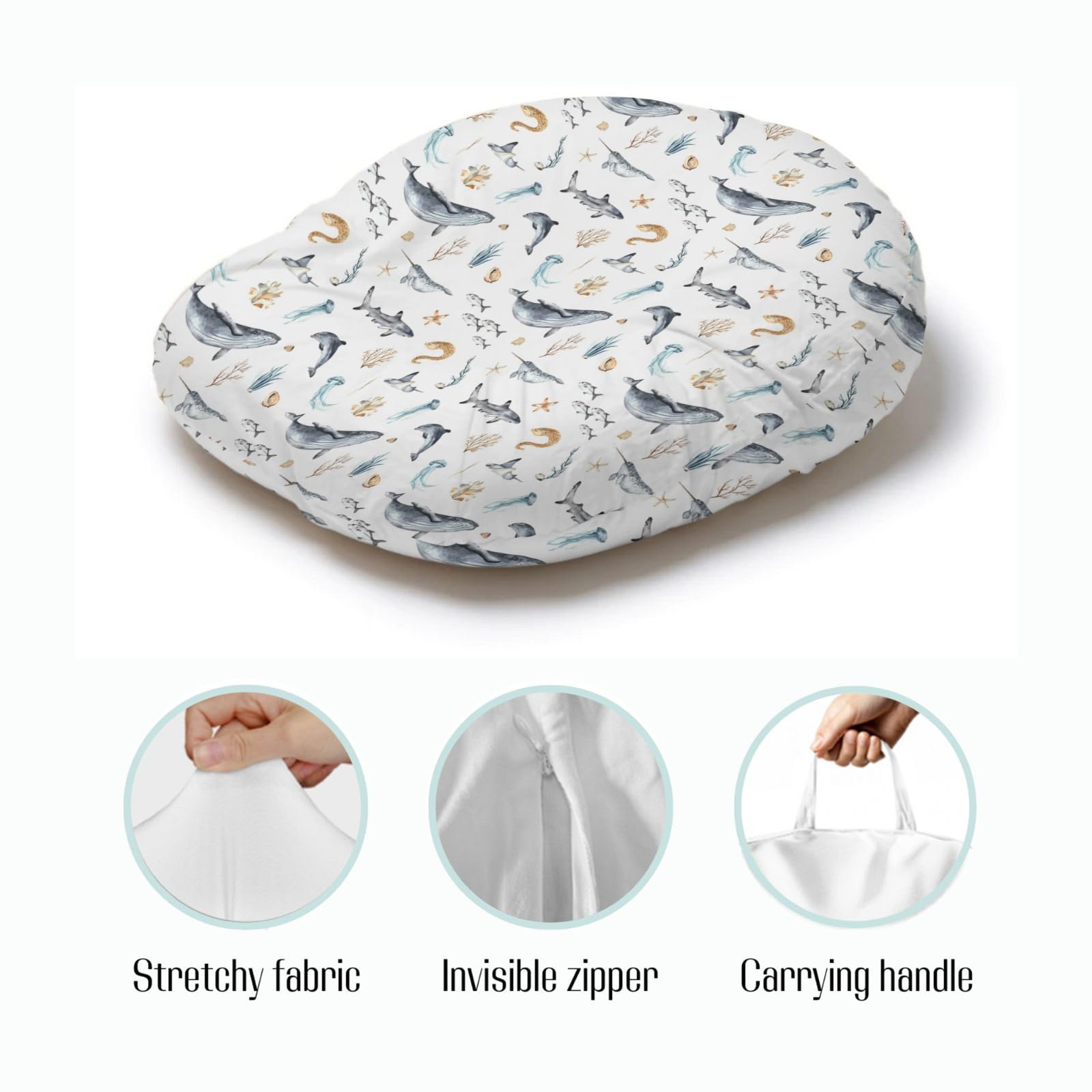 EyMzcod Newborn Lounger Pillow Cover Underwater Sea Animal, Ocean Creature Whale Fish Marine Life Baby Boy Shower Gift Removable Slipcover, Snug Fit Infant Nursing Pillowcase (Lounger Not Included)
