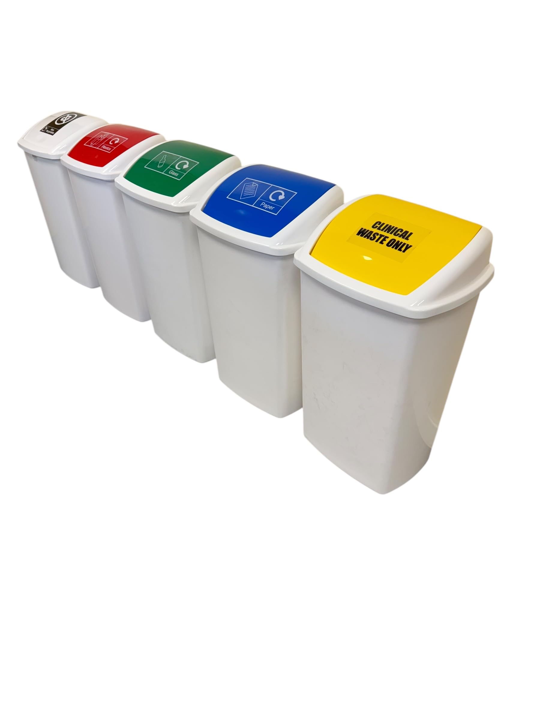 Chabrias Ltd Swing Top Bin, Set of 5 White/Red/Green/Blue/Yellow, 50 Litre FlipTop, Colour Coded Recycling, Plastics, Glass, Non-Recyclable, Paper, Clinical Waste