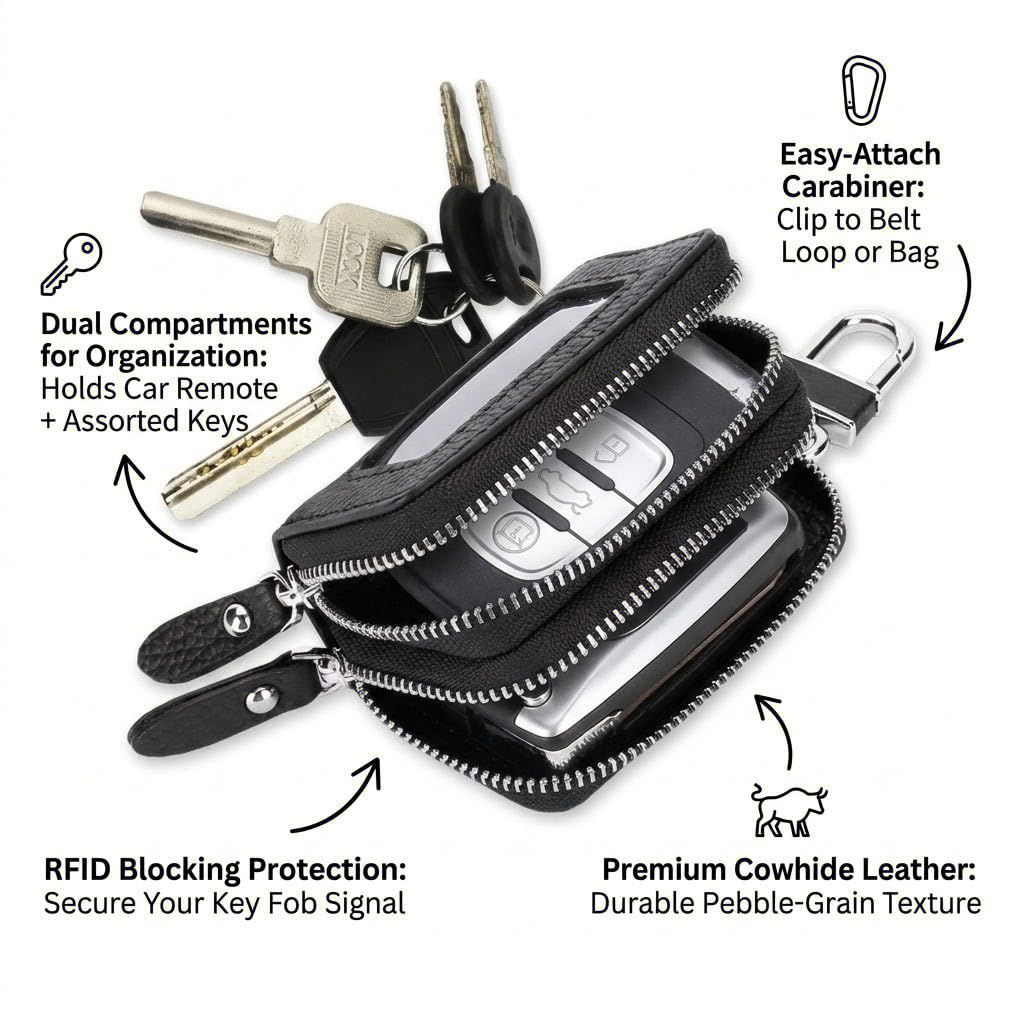 QIZUN Car Key Case for Peugeot 3008 E3008 P64 2024 2025 Double Zipper Remote Fob Pouch Protective Keychain Organizer Holder Genuine Leather,Brown