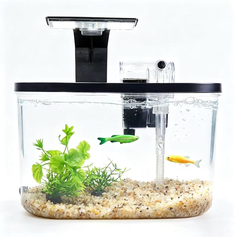 Kit de inicio de acuario de 1,7 galones Tanque de peces pequeño completo con luz LED y filtro silencioso para Betta, mini tanque de acrílico de escritorio, ideal para peces dorados de medusas guppy de camarones, oficina, hogar o regalo