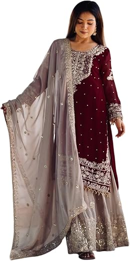 SAMUYA Women’s Designer Heavy Faux Georgette Embroidered Top-Plazzo Set with Dupatta – Full Sleeve Ready-to-Wear Outfit wi...