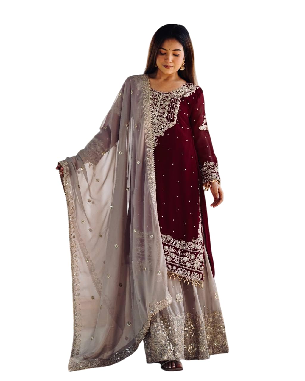 SAMUYA Women’s Designer Heavy Faux Georgette Embroidered Top-Plazzo Set with Dupatta – Full Sleeve Ready-to-Wear Outfit wi...