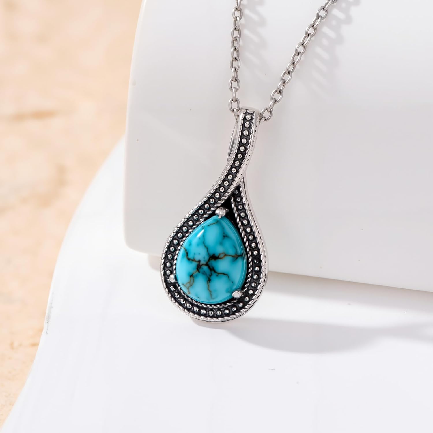 Real Turquoise Necklaces for Women 925 Sterling Silver Teardrop Pendant Necklace Genuine Gemstones Jewelry Gift for Mom Wife Her, 18"+2" Inches - Image 2