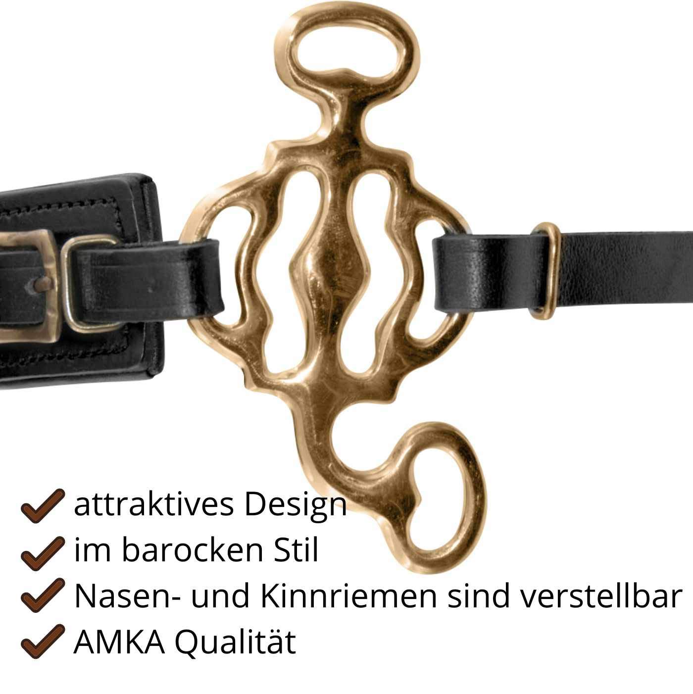 AMKA Hackamore Barock, mit 3 Ringen, Nasenriemen Leder schwarz, Anzüge goldfarben
