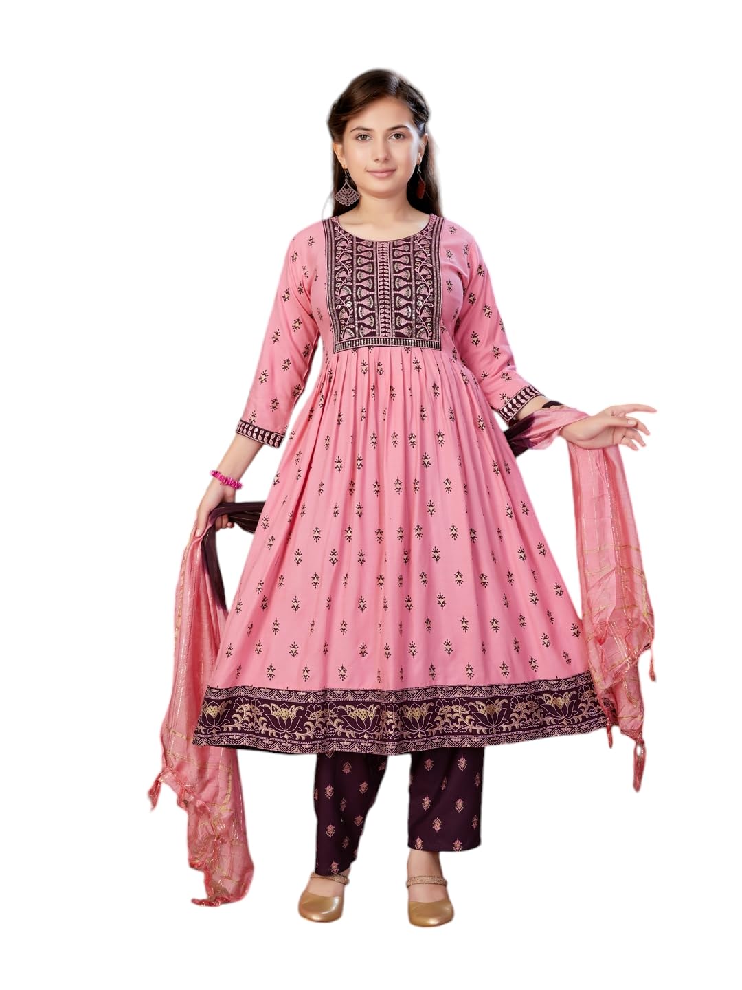 Aarika Girls Ethnic Wear Print Colour Foil Print Sequin Rayon Kurti (9-16 Years) Pink