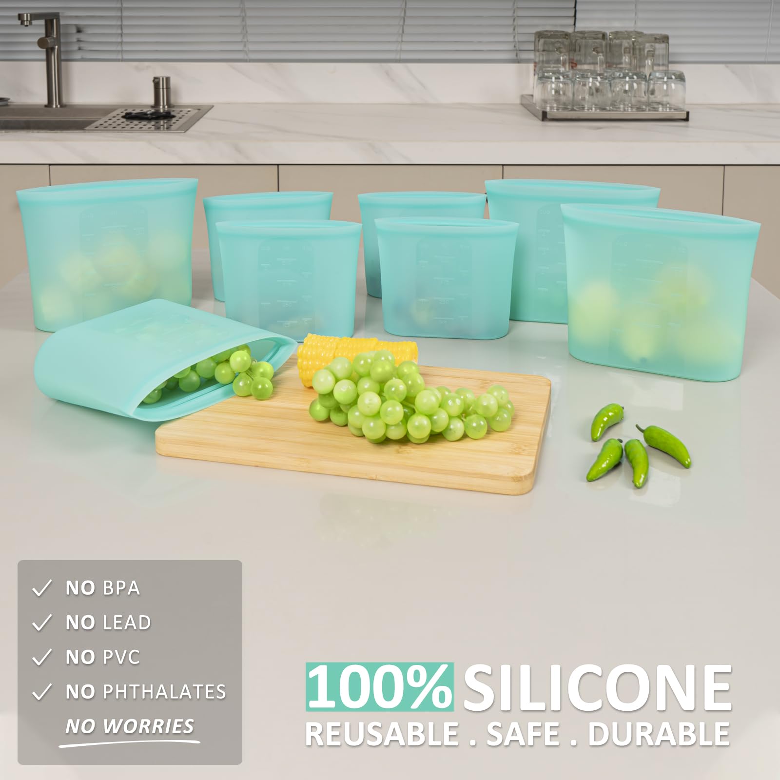 Bolsas reutilizables para sándwiches y aperitivos, paquete de 8 bolsas de almacenamiento de alimentos 100% silicona, cierre de cremallera para contenedor de alimentos, congelador, microondas