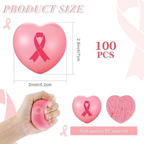 Miniatura 4 de 100 unidades de cinta rosa para concientización sobre el cáncer de mama, bolas de estrés en forma de corazón a granel para concientización de senos,