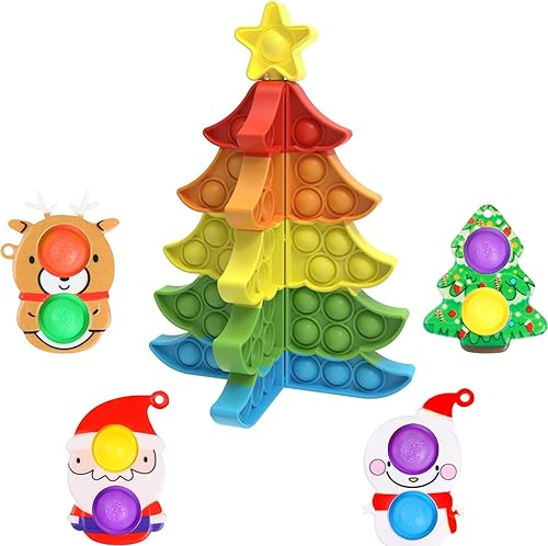 Paquete de 5 juguetes para ansiedad de árbol de Navidad 3D estéreo Push It Bubble Fidgets Popper Sensory Toy Navidad de árbol, alce, Papá Noel,