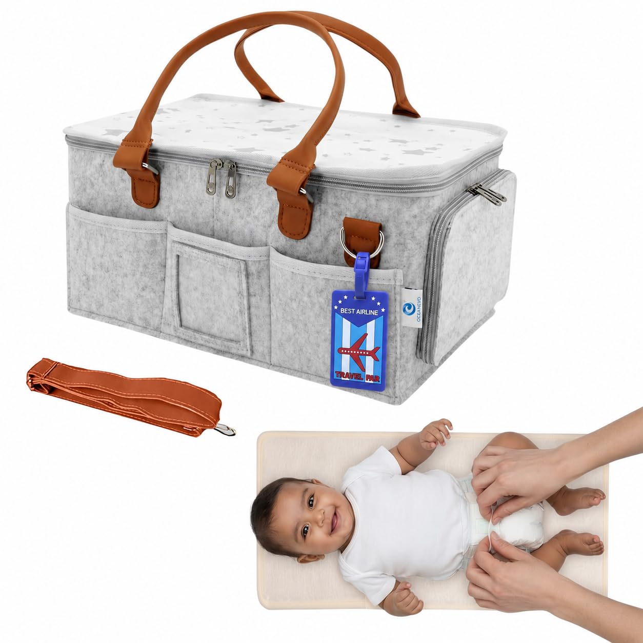 OCEANEVO Cute Felt Diaper Caddy Organizer Bag WITH Lid, Changing Mat & Luggage Tag | Baby Basket for Newborn Essentials Storage with Compartments and Removable Shoulder Strap | 40 x 27 x 19 Cm - Grey-image-37