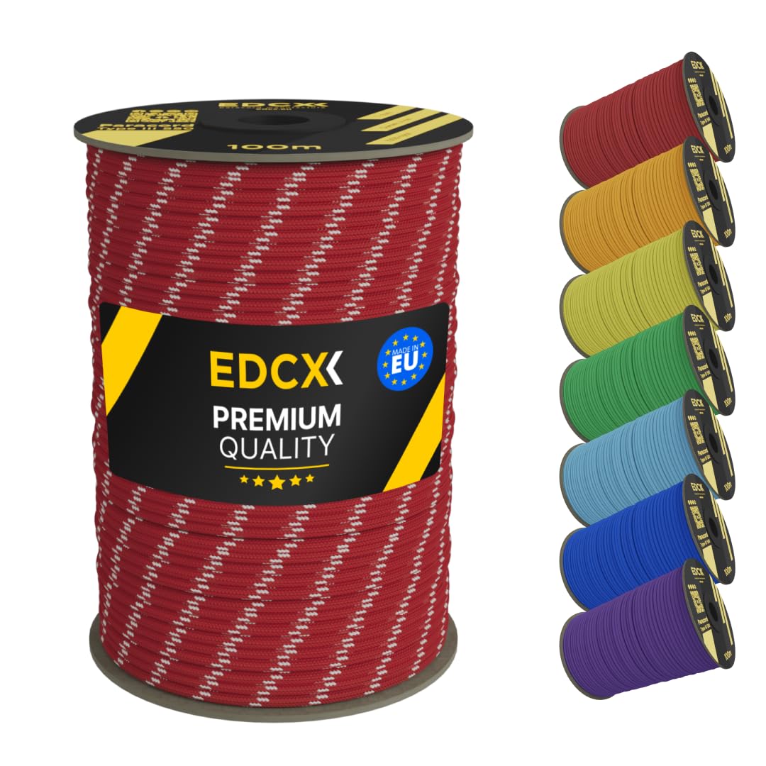 EDCX 4mm Nylon Paracord 550 100m (330 feet) | Ideal for Camping, Survival, Outdoor, Crafting, DIY | 100% Nylon Rope 4mm | Paracord 550 Type III in Solid Color (Reflective Red, 100 m)