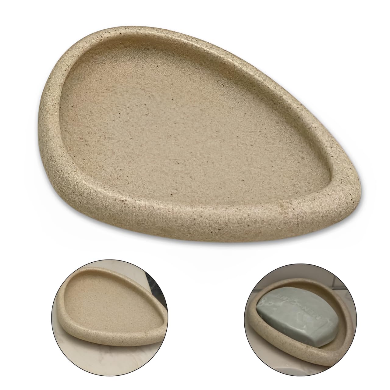 Ceramic Soap Dish - Cream Polyresin Sand and Stone Effect Soap Bar Holder for Bathroom or Kitchen, Sophisticated Elegance