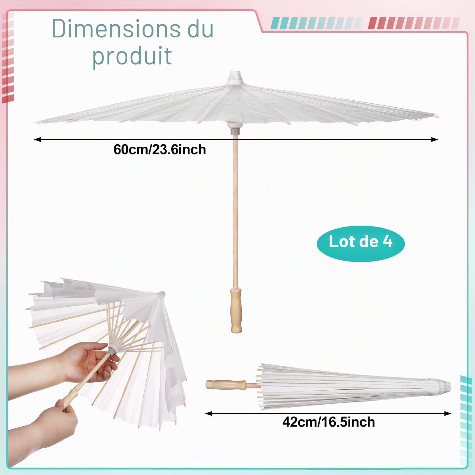 4 pièces Parasol en papier 60 cm chinois japonais parapluie blanc DIY peinture décorative pour mariage, décor de fête de mariée