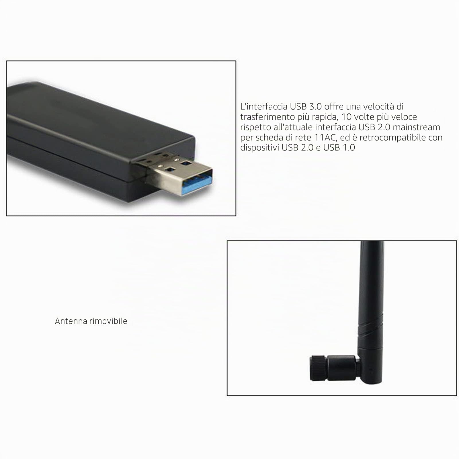 Adattatore WiFi USB Wireless, Dual Band 1200Mbps, Chiavetta di Rete USB 3.0 con Antenna Esterna 5dBi RTL8812AU per PC Desktop Casa Ufficio, Colore, 1 Pezzo