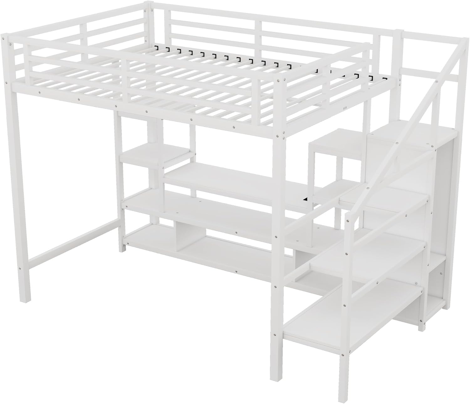 Full Size Loft Bed with Storage & Stairs, Metal Loft Bedframe with TV Stand, Wardrobe, LED Lights,Charg Hub, Versatile High Lofts Bed for Kids Teens Adults, Space Saving,White