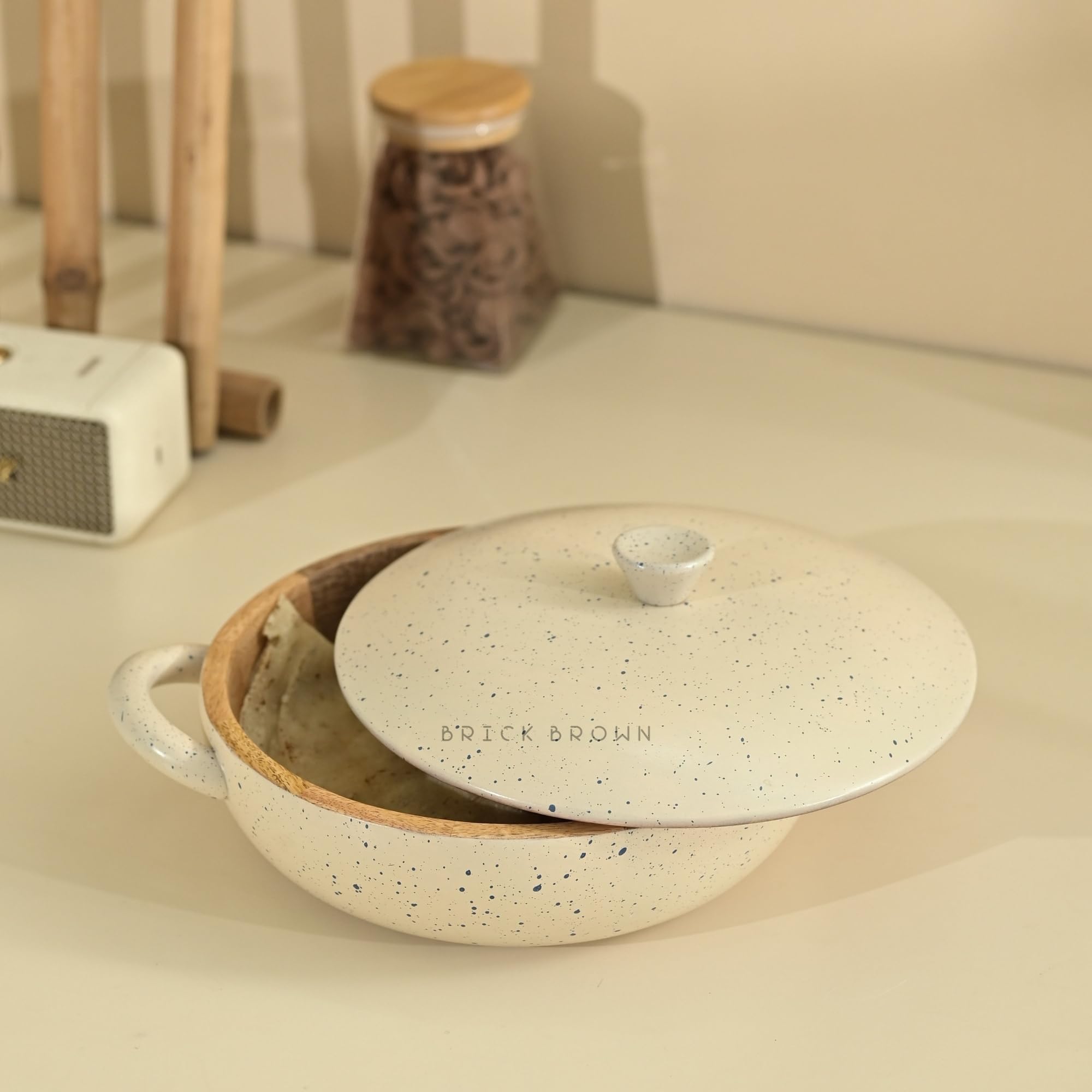 Brick Brown® Pebble Wooden Roti Box with Handle | Chapati Box for Kitchen | Roti Casserole Hot Pot with Lid | Case Roti Dabba Server for Dining Table | Handmade Roti Container (11.5x9x4.4 in)