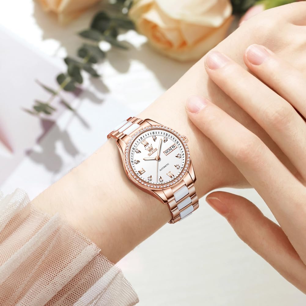 OLEVS Damen Automatikuhr Diamant Lünette modisch wasserdicht Kalender zweifarbig, Edelstahl Keramik Armband