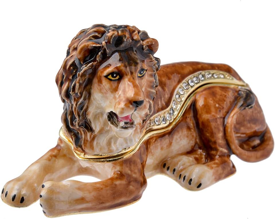 Golden Crystal Enameled Lion Jewelry Box, Hand-Painted Hinged Wild Animal Trinket Box, Elegant Home Décor & Unique Gift for Lion Lovers