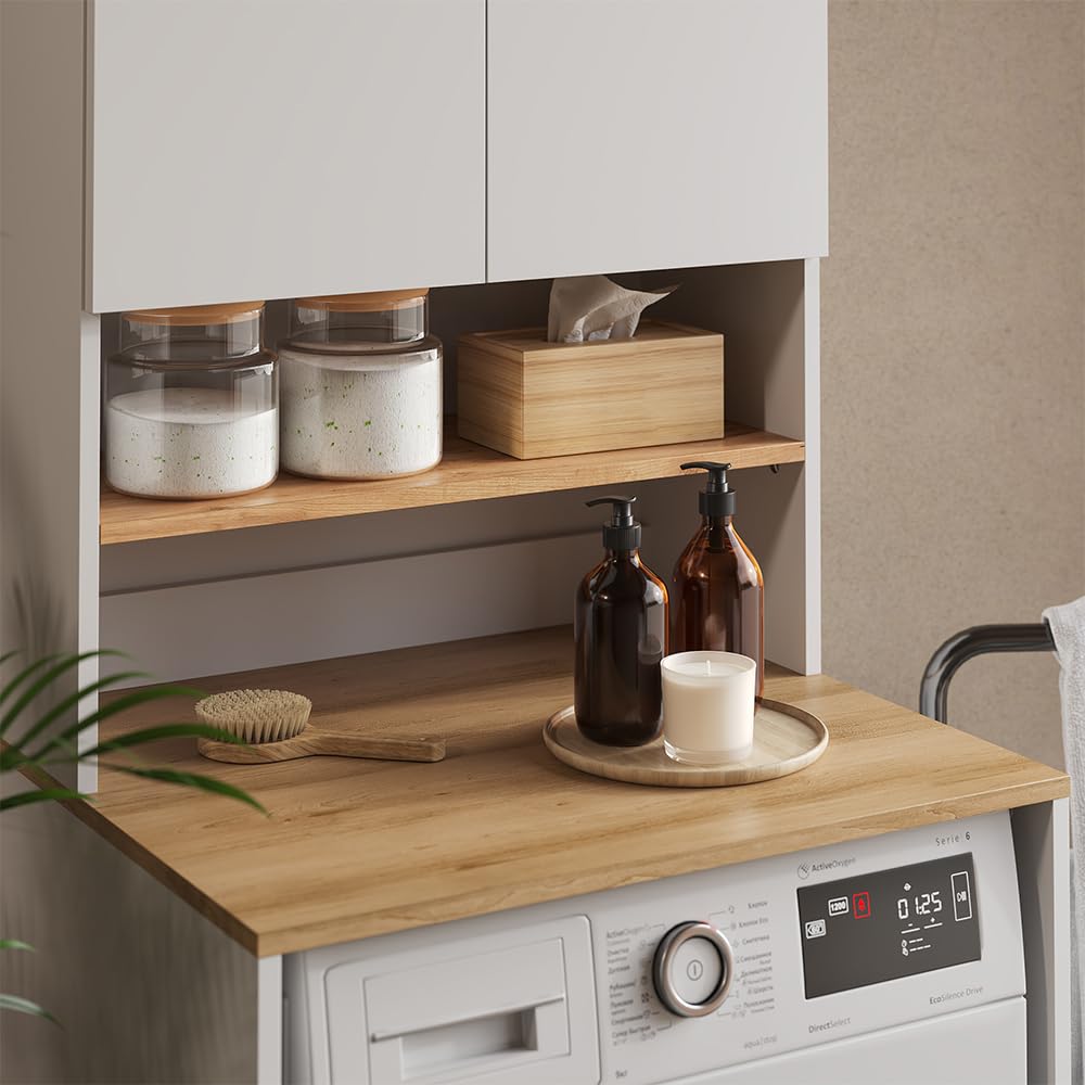 Vicco Armoire Machine à Laver Viktor, Blanc/Artisan, 68x88.2cm 2 pièces avec étagère, Convient pour Le Rangement de lessive et de Serviettes
