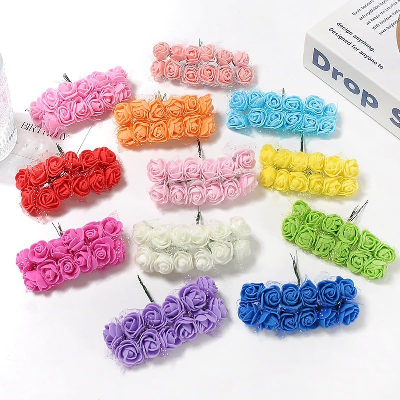 Mini Fake Rose Flower Heads 144pcs Mini Artificial Roses DIY Wedding Flowers Accessories Make Bridal Hair Clips Headbands Dress (Bottom add Gauze) Milk White - Image 5