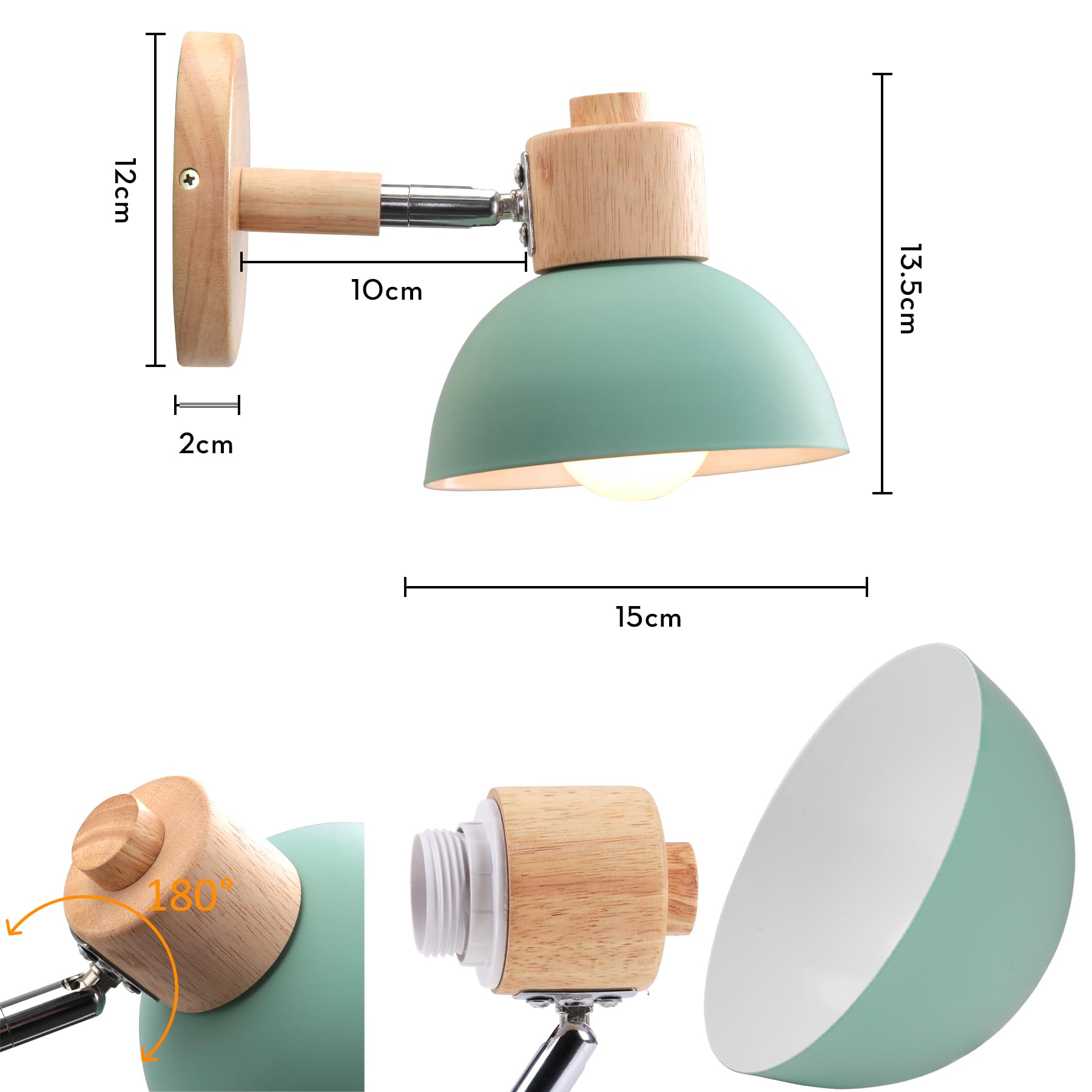 iDEGU 2 Pezzi Lampade da Parete Retrò Vintage Applique da Parete Interno in Metallo e Legno Moderne Faretto a Muro Orientabile E27 Luce da Camera da Letto Soggiorno (Verde)