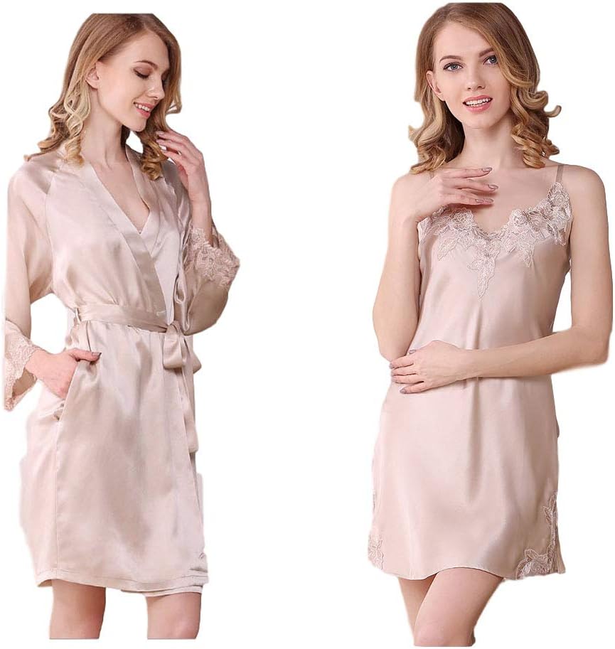 Seres Women's Pajamas Set,Silk Pajamas Robe & Skirt with Laces,3 Colors,100% Silk(Main),真丝睡衣