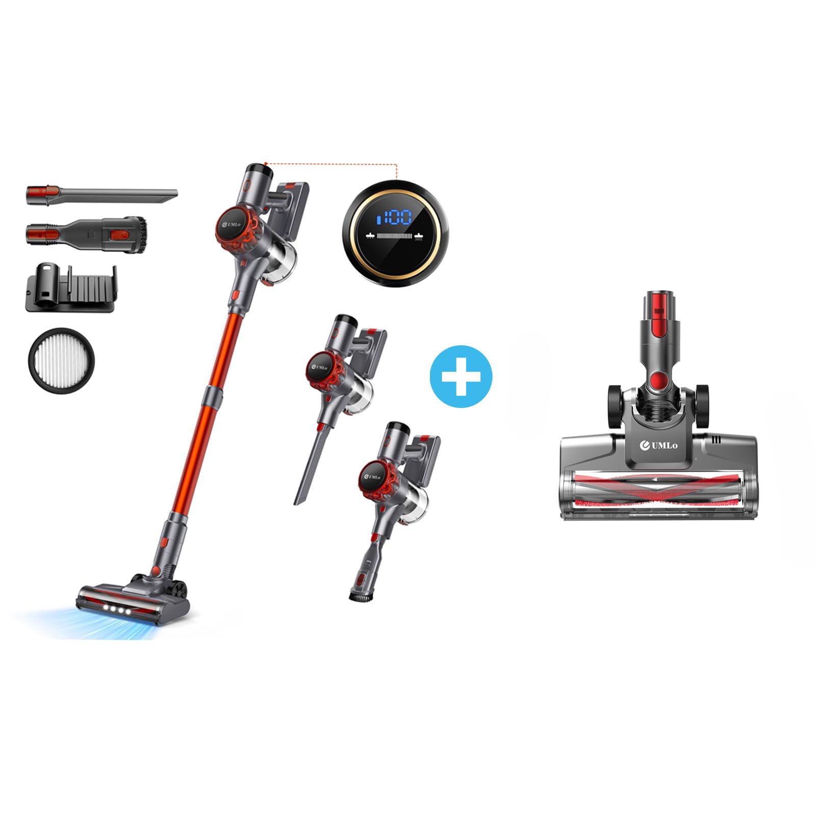 UMLo S3 Vacuum Cleaner + Motorized Brush Head, Cordless Stick Vacuum with LED Display, Max 55Min Runtime, Cordless Vacuum Cleaners for Home Carpet Hard Floor Pet Hair, Red