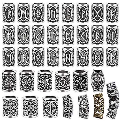 Teruntrue 37 piezas de cuentas de barba vikinga, cuentas de tubo de pelo nórdicas antiguas, rastas joyas vikingas cuentas para trenzar el cabello, pulsera colgante collar plata joyería de bricolaje