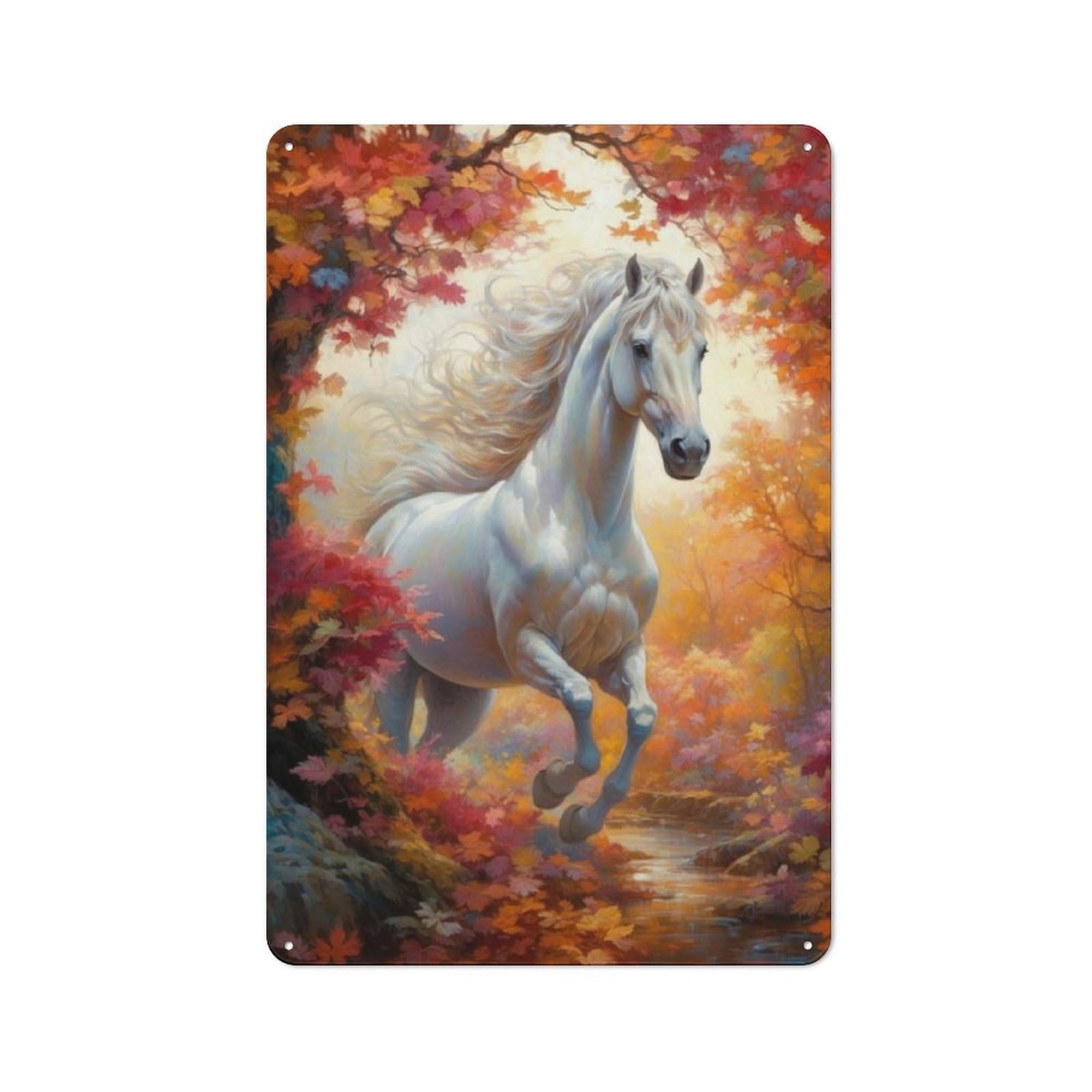 Junmoney Wild White Horse In Autumn For Kitchen Or Home Bar, Retro-Style Metal Sign 30X20cm, For Cooler-Month Interiors With Retro Character