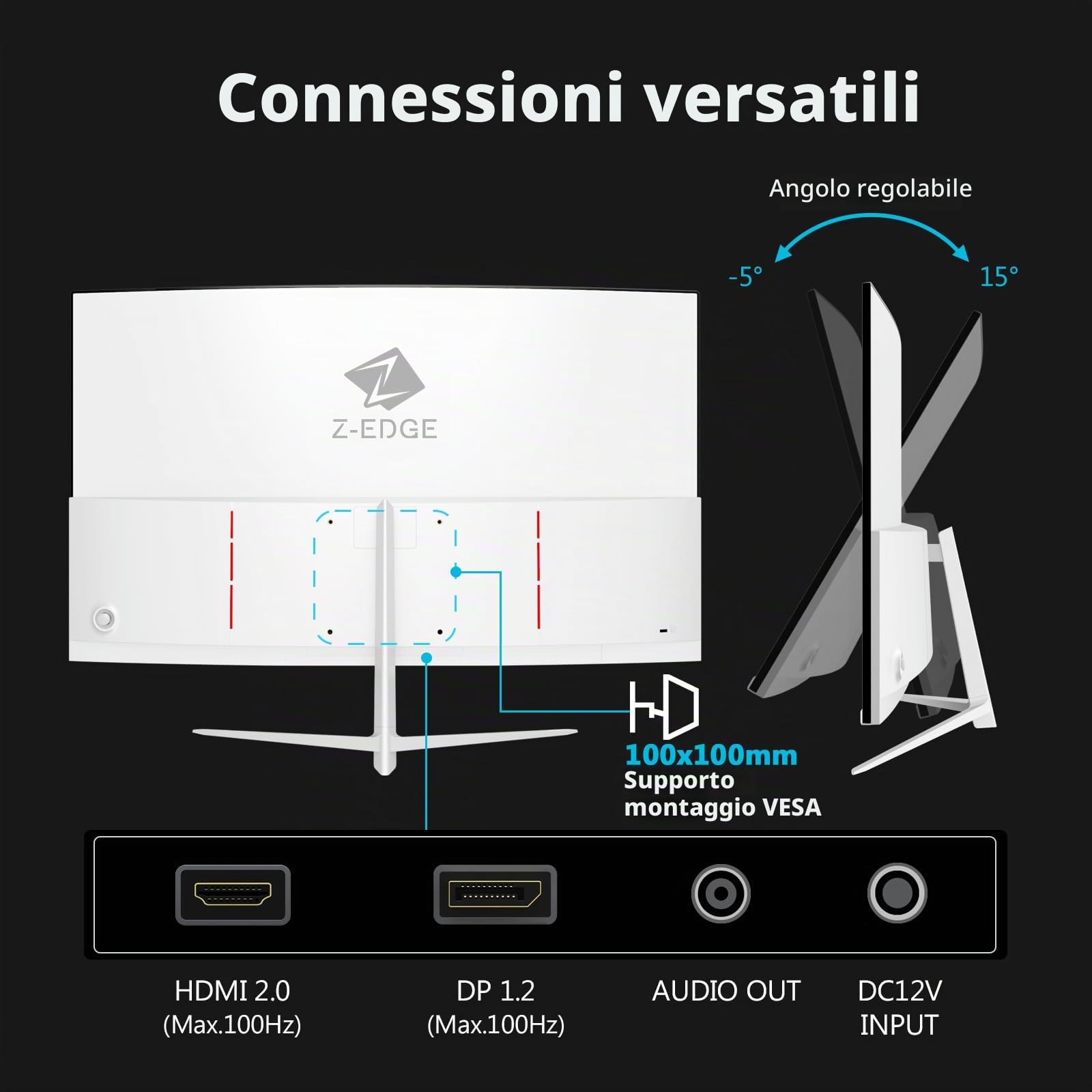 Z-Edge Monitor Curvo Bianco 27 pollici, Pannello VA 100Hz Full HD 1080P, Schermo Curvo 1500R, 99% sRGB, 250 cd/m², HDR10, FreeSync, HDMI e DP, Compatibile con VESA