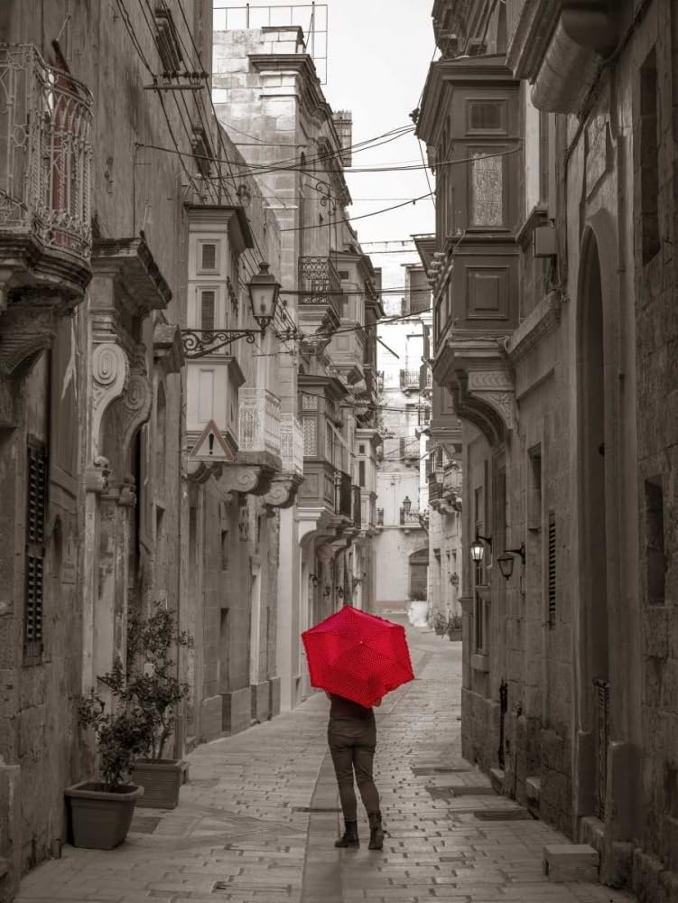 Tourist with umbrella at narrow street on Birgu, Malta 11x14 UnFramed Art Print Poster Ready for Framing by Frank, Assaf