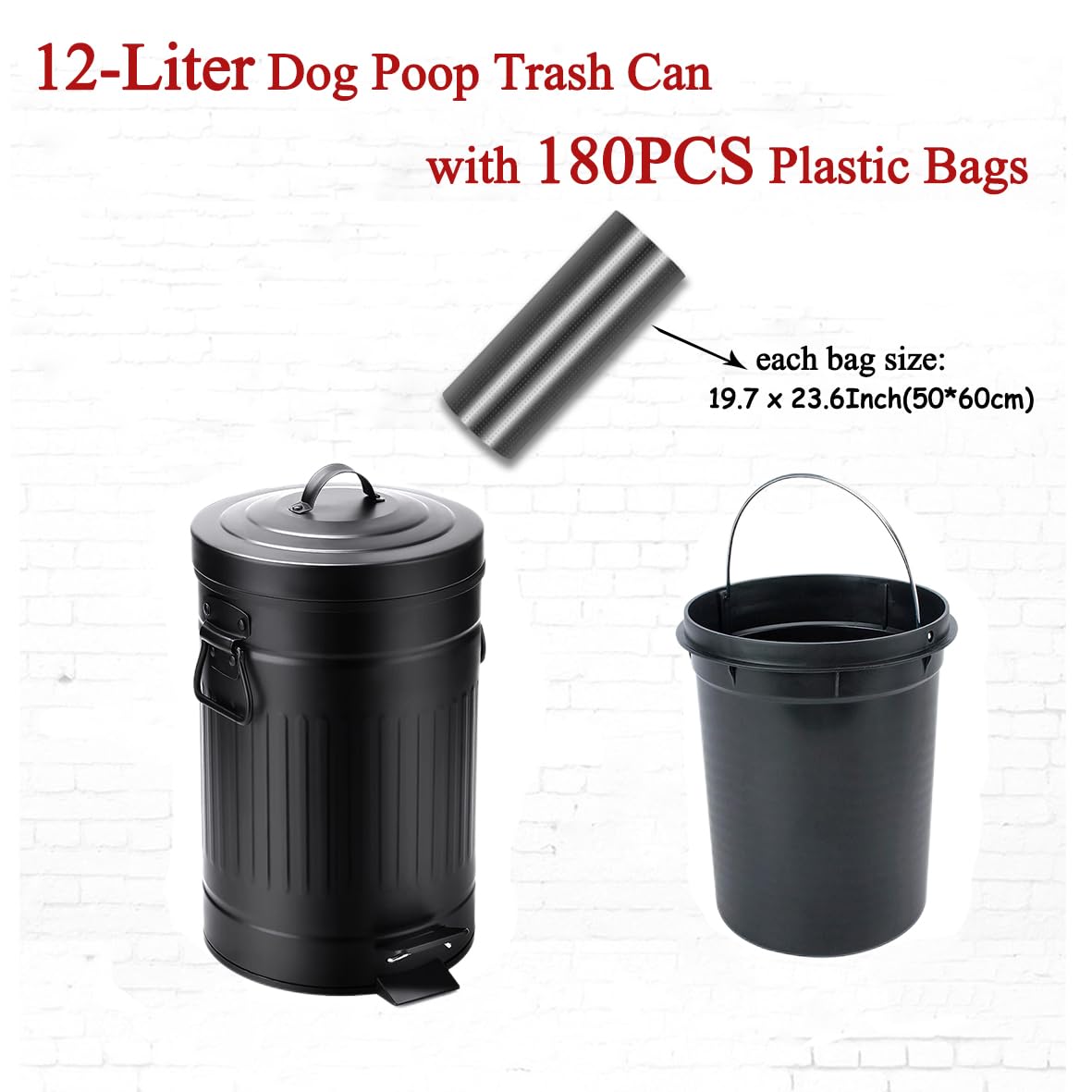 Umtiti Dog Poop Trash Can with Lid for Outdoors?12-Liter Trash Can with 180PCS Black Plastic Bags, Pet Waste Container?Black-Y+180BK